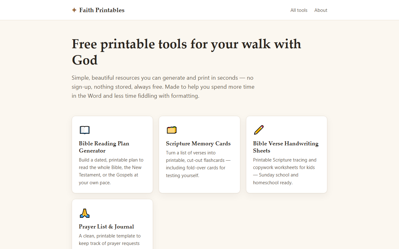 Faith Printables 免费可打印圣经工具网站首页截图